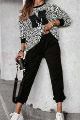 Letter M Leopard Round Neck Top and Pants Set White OutfitFlow